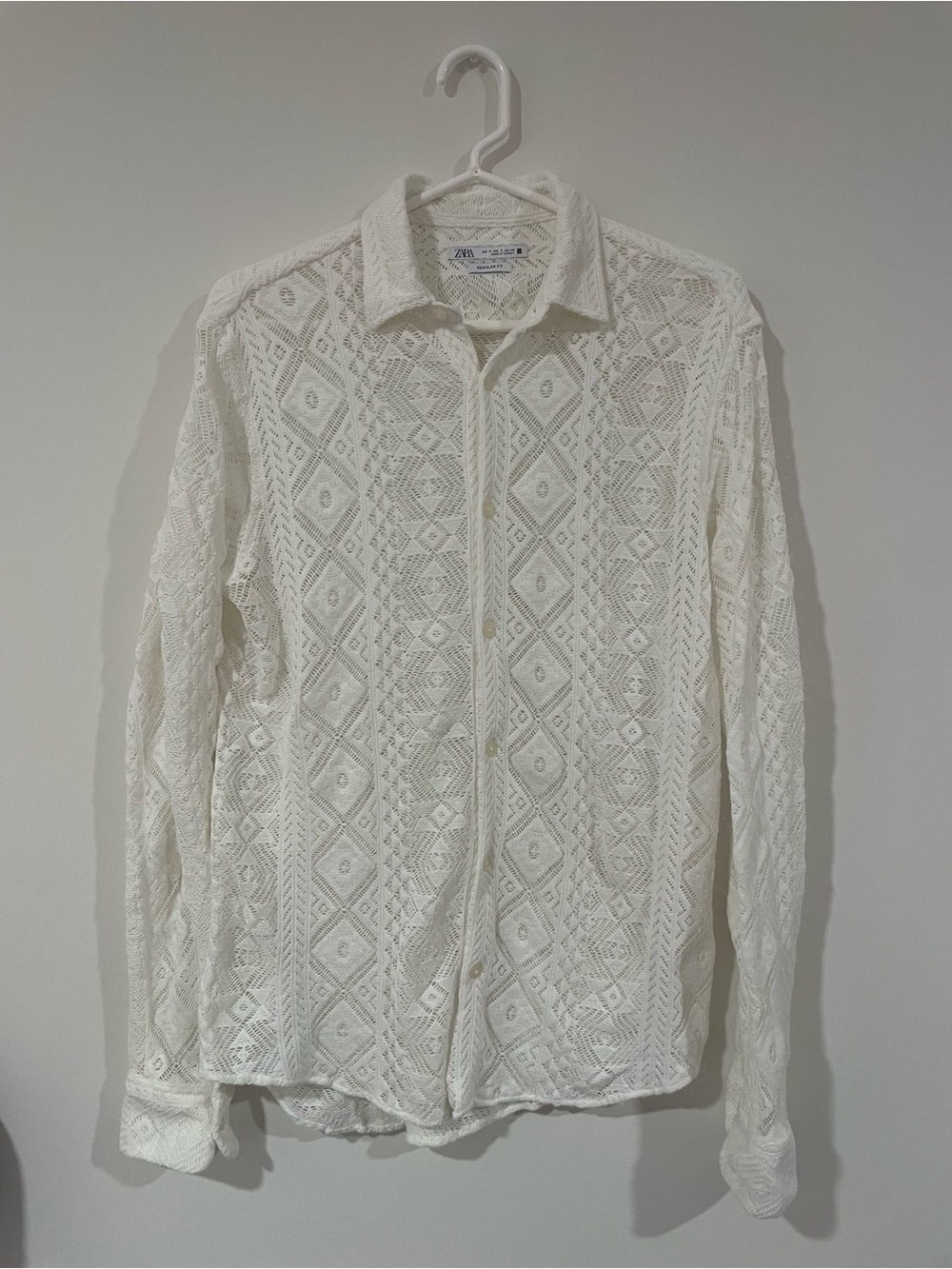 Zara Men White Crochet Button-Up Shirt
